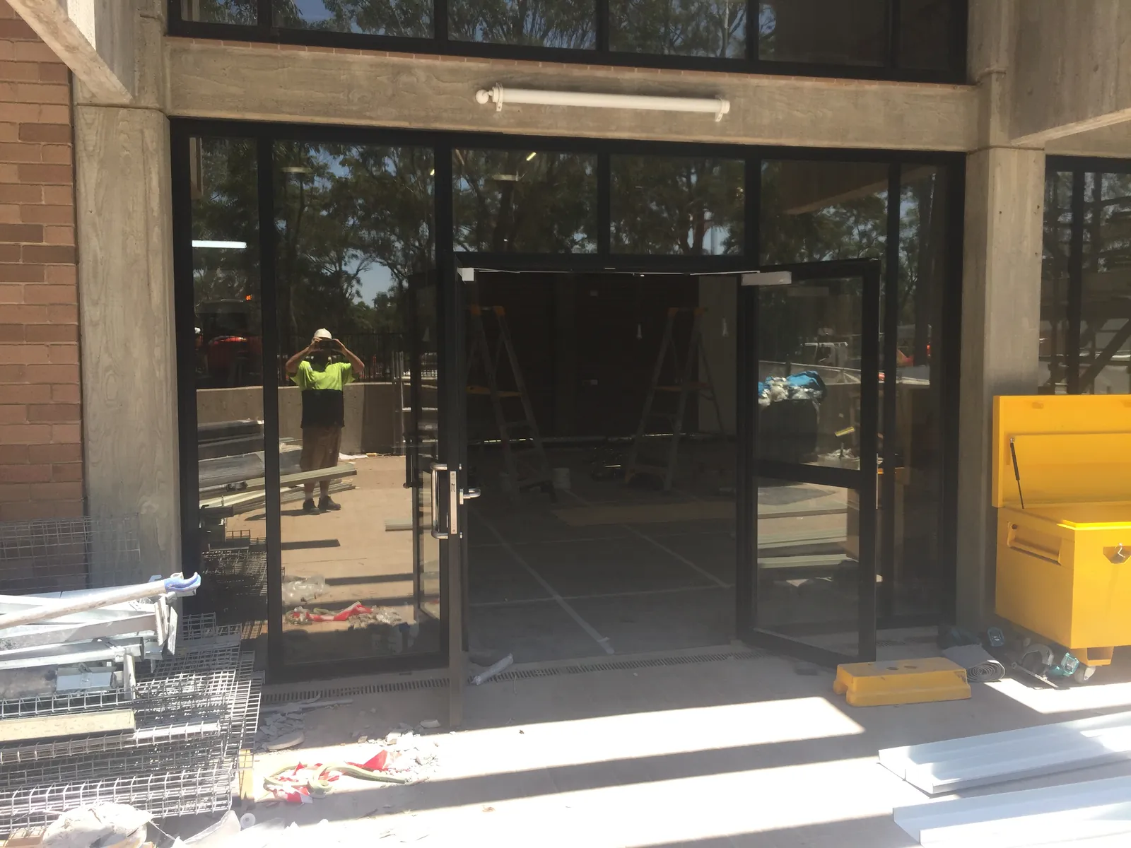 Entry doors seen from outside the building
